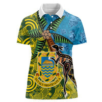 Tuvalu and Australia Together Women Polo Shirt Tapa Pattern and Aboriginal mix Culture