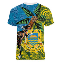 Tuvalu and Australia Together Women V-Neck T-Shirt Tapa Pattern and Aboriginal mix Culture