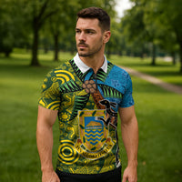 Tuvalu and Australia Together Zipper Polo Shirt Tapa Pattern and Aboriginal mix Culture