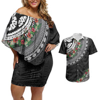 Fiji Hibiscus Couples Matching Off Shoulder Short Dress and Hawaiian Shirt Tapa Masi Motifs with Tropical Plants
