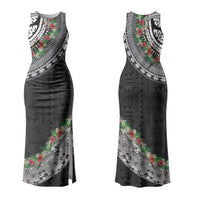 Fiji Hibiscus Couples Matching Tank Maxi Dress and Long Sleeve Button Shirt Tapa Masi Motifs with Tropical Plants