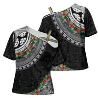 Fiji Hibiscus Cross Shoulder Shirt Tapa Masi Motifs with Tropical Plants