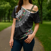 Fiji Hibiscus Cross Shoulder Shirt Tapa Masi Motifs with Tropical Plants