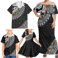 Fiji Hibiscus Family Matching Off Shoulder Maxi Dress and Hawaiian Shirt Tapa Masi Motifs with Tropical Plants