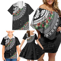 Fiji Hibiscus Family Matching Off Shoulder Short Dress and Hawaiian Shirt Tapa Masi Motifs with Tropical Plants