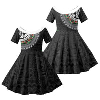 Fiji Hibiscus Family Matching Off Shoulder Short Dress and Hawaiian Shirt Tapa Masi Motifs with Tropical Plants