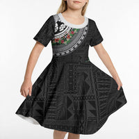 Fiji Hibiscus Kid Short Sleeve Dress Tapa Masi Motifs with Tropical Plants