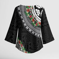 Fiji Hibiscus Kimono Sleeve Blouse Tapa Masi Motifs with Tropical Plants