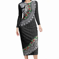 Fiji Hibiscus Long Sleeve Bodycon Dress Tapa Masi Motifs with Tropical Plants