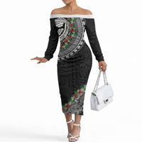 Fiji Hibiscus Off The Shoulder Long Sleeve Dress Tapa Masi Motifs with Tropical Plants