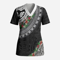 Fiji Hibiscus Scrub Top Tapa Masi Motifs with Tropical Plants
