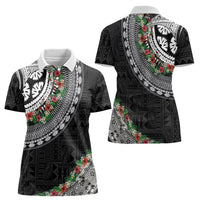 Fiji Hibiscus Women Polo Shirt Tapa Masi Motifs with Tropical Plants