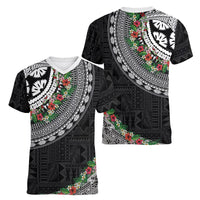 Fiji Hibiscus Women V-Neck T-Shirt Tapa Masi Motifs with Tropical Plants