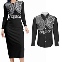 Samoa Traditional Tattoo Couples Matching Long Sleeve Bodycon Dress and Long Sleeve Button Shirt Tribal Tatau Pattern