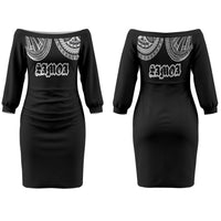 Samoa Traditional Tattoo Couples Matching Off The Shoulder Long Sleeve Dress and Long Sleeve Button Shirt Tribal Tatau Pattern