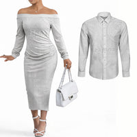 Samoa Lotu Tamaiti Couples Matching Off The Shoulder Long Sleeve Dress and Long Sleeve Button Shirt Tribal Tatau with Siapo Pattern