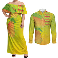Hawaiian Mango Couples Matching Off Shoulder Maxi Dress and Long Sleeve Button Shirt Polynesian Art Pattern and Kakau Tattoo