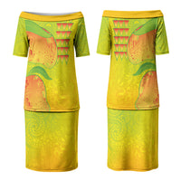 Hawaiian Mango Couples Matching Puletasi and Long Sleeve Button Shirt Polynesian Art Pattern and Kakau Tattoo