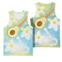 Hawaiian Ukulele Avocado Basketball Jersey Leis and Polynesian Pattern