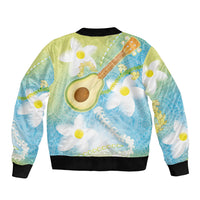 Hawaiian Ukulele Avocado Bomber Jacket Leis and Polynesian Pattern