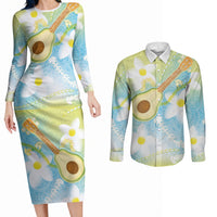 Hawaiian Ukulele Avocado Couples Matching Long Sleeve Bodycon Dress and Long Sleeve Button Shirt Leis and Polynesian Pattern
