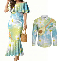 Hawaiian Ukulele Avocado Couples Matching Mermaid Dress and Long Sleeve Button Shirt Leis and Polynesian Pattern