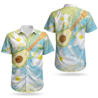 Hawaiian Ukulele Avocado Couples Matching Short Sleeve Bodycon Dress and Hawaiian Shirt Leis and Polynesian Pattern