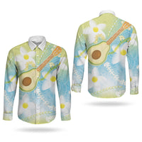 Hawaiian Ukulele Avocado Couples Matching Summer Maxi Dress and Long Sleeve Button Shirt Leis and Polynesian Pattern