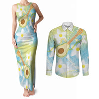 Hawaiian Ukulele Avocado Couples Matching Tank Maxi Dress and Long Sleeve Button Shirt Leis and Polynesian Pattern