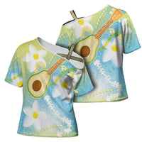 Hawaiian Ukulele Avocado Cross Shoulder Shirt Leis and Polynesian Pattern