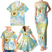 Hawaiian Ukulele Avocado Family Matching Tank Maxi Dress and Hawaiian Shirt Leis and Polynesian Pattern