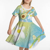Hawaiian Ukulele Avocado Kid Short Sleeve Dress Leis and Polynesian Pattern