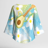 Hawaiian Ukulele Avocado Kimono Sleeve Blouse Leis and Polynesian Pattern