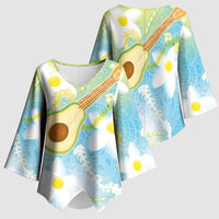 Hawaiian Ukulele Avocado Kimono Sleeve Blouse Leis and Polynesian Pattern