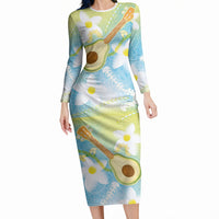 Hawaiian Ukulele Avocado Long Sleeve Bodycon Dress Leis and Polynesian Pattern