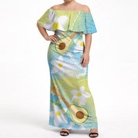 Hawaiian Ukulele Avocado Off Shoulder Maxi Dress Leis and Polynesian Pattern