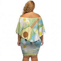 Hawaiian Ukulele Avocado Off Shoulder Short Dress Leis and Polynesian Pattern