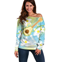 Hawaiian Ukulele Avocado Off Shoulder Sweater Leis and Polynesian Pattern