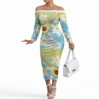 Hawaiian Ukulele Avocado Off The Shoulder Long Sleeve Dress Leis and Polynesian Pattern