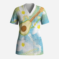 Hawaiian Ukulele Avocado Scrub Top Leis and Polynesian Pattern