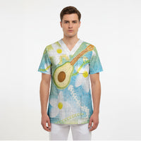 Hawaiian Ukulele Avocado Scrub Top Leis and Polynesian Pattern