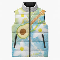 Hawaiian Ukulele Avocado Sleeveless Puffer Jacket Leis and Polynesian Pattern