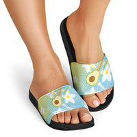 Hawaiian Ukulele Avocado Slide Sandals Leis and Polynesian Pattern