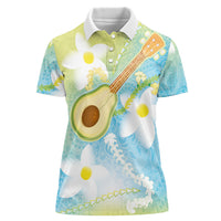 Hawaiian Ukulele Avocado Women Polo Shirt Leis and Polynesian Pattern