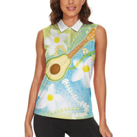 Hawaiian Ukulele Avocado Women Sleeveless Polo Shirt Leis and Polynesian Pattern