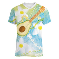 Hawaiian Ukulele Avocado Women V-Neck T-Shirt Leis and Polynesian Pattern