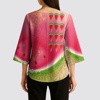 Hawaiian Watermelon Kimono Sleeve Blouse with Kakau Art Tattoo