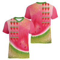 Hawaiian Watermelon Women V-Neck T-Shirt with Kakau Art Tattoo