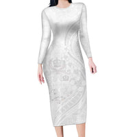 Tonga Faka Sepitema Family Matching Long Sleeve Bodycon Dress and Hawaiian Shirt Ngatu Pattern with Plumeria and Hibiscus LT03 Mom's Dress White - Polynesian Pride