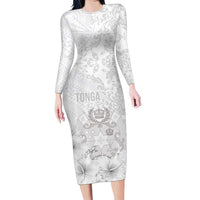 Tonga Faka Sepitema Family Matching Long Sleeve Bodycon Dress and Hawaiian Shirt Ngatu and Floral Pattern with Blooming Hibiscus LT03 Mom's Dress White - Polynesian Pride